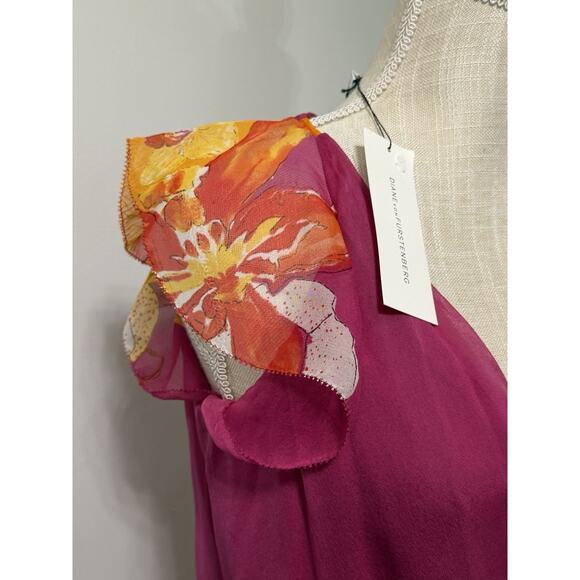 NEW Diane von Furstenberg DVF Wrap Blouse 100% Silk Orchid Lei Floral Sz 4 Pink - Picture 2 of 4